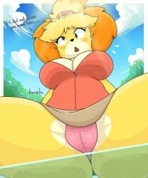 1girls 2022 animal_crossing animal_ears anthro ass_on_glass big_breasts blush breasts busty buttons canid canine canis clouds derp_eyes derpybelle dialogue dog_ears english_text female female_only fur furry furry_only glass hair_ornament hair_tie hairbun hi_res isabelle_(animal_crossing) jhenightfox legs_apart looking_at_viewer mouth_open movement_lines nintendo notice_lines outside panties plump_labia plump_pussy pov pussy pussy_bulge shocked sitting_on_glass skirt sky solo solo_female tagme text thick_thighs tree under_skirt