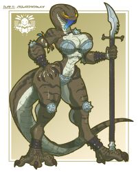 anthro bangboodoragon big_breasts blue_tongue claws female huge_ass lizard_girl lizard_humanoid long_tongue monster_girl navel scales tagme thick_thighs weapon wide_hips