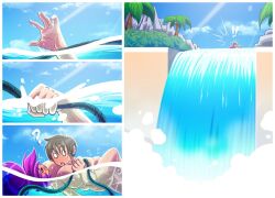 1boy 1girls big_breasts breasts danger female head_on_breasts huge_breasts kogeikun large_breasts long_hair male nipples purple_hair water waterfall wendolin