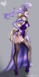 1girls blonde_hair blush clothed coven_lissandra eclipse_series female_only high_heels league_of_legends lipstick lissandra merellyne nail_polish purple_lipstick purple_nails pussy