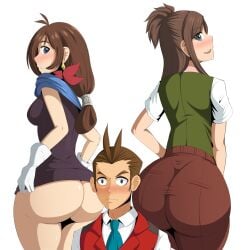 1boy 2girls apollo_justice ass ass_focus big_ass blue_eyes blush brown_eyes brown_hair earrings ema_skye female gyakuten_saiban half-siblings huge_ass male naver panties skirt skirt_lift sweat thick_thighs trucy_wright wide_hips