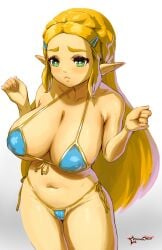 1girls 2022 alternate_breast_size artist_logo artist_signature awesomeerix bent_wrist blonde_hair blue_bikini blush breasts breath_of_the_wild embarrassed female female_only green_eyes hairclip hips huge_breasts hylian latex long_ears long_hair micro_bikini nervous nintendo pointy_ears princess princess_zelda royalty side-tie_panties simple_background slim_waist the_legend_of_zelda thick_thighs thighs watermark white_background wide_hips zelda_(breath_of_the_wild)