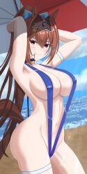 absurdres alternate_costume alternate_hairstyle animal_ears arm_strap arms_behind_head beach beach_umbrella blue_bow blue_sky blue_swimsuit blush bow breasts brown_hair choker cleavage cloud collarbone daiwa_scarlet_(umamusume) day female female groin hair_in_mouth hairbow highres horse_ears horse_girl horse_tail large_breasts long_hair looking_at_viewer navel ocean outdoors ponytail red_eyes revision sky slingshot_swimsuit smile solo suzhi2333 swimsuit tail thigh_strap tiara umamusume umbrella very_long_hair