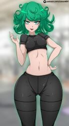 1girls ass_visible_through_thighs belly_button black_clothing breasts female female_only green_eyes green_hair gym_clothes one-punch_man short_hair slim slim_girl slim_waist solo tagme tatsumaki thick_thighs thighs wide_hips zonen404