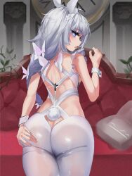 +_+ animal_ear_fluff animal_ears ass ass_cleavage ass_cutout azur_lane back bangs bare_shoulders blue_eyes blush braid breasts butt_crack clothing_cutout contrapposto couch cowboy_shot eyebrows_visible_through_hair fake_animal_ears female fingernails from_behind grey_hair grey_nails hand_up highleg highleg_leotard highres indoors jewelry le_malin_(azur_lane) le_malin_(listless_lapin)_(azur_lane) leotard long_fingernails long_hair looking_at_viewer looking_back mookie_(e_mook9) nail_polish official_alternate_costume pantyhose pillow playboy_bunny rabbit_ears rabbit_tail revealing_clothes shoulder_blades sideboob sidelocks skin_tight skindentation solo tail thick_thighs thighs twin_braids underboob very_long_hair white_hair white_legwear white_leotard wrist_cuffs wristband