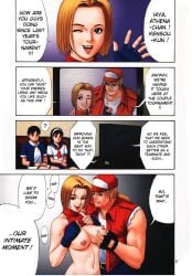 2boys 2girls age_difference areolae athena_asamiya big_breasts black_hair blonde_hair blue_mary bowl_cut breast_grab breasts canon_couple comic english_text fatal_fury female king_of_fighters long_hair male medium_breasts nipples older_female older_male page_5 ponytail purple_hair right_to_left saigado school_uniform schoolgirl schoolgirl_uniform seifuku short_hair sie_kensou snk swingers terry_bogard text top top_lift translated watching young younger_female younger_male