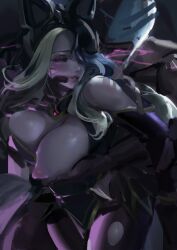 1boy 1girls ahri alternate_costume ambiguous_penetration black_hair blonde_hair breast_grab breasts coven_ahri eclipse_series fox_ears from_behind implied_sex implied_vaginal league_of_legends petite riot_games sjl torn_clothes two_tone_hair vaginal_penetration