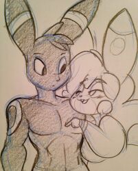 andrew_dickman anthro awd bbw big_breasts blush blush breasts buckteeth bunny drawing duo eeveelution female flirting furry furry_only long_ears long_hair male muscular_male pixels_bunni pokemon rabbit sketch umbreon