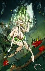 2girls big_breasts blonde_hair elf elf_ears forest forest_background gigantic_breasts huge_breasts nymph omac pointy_ears