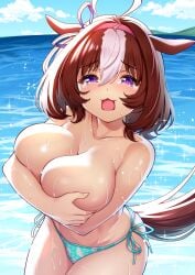 animal_ears aqua_bikini bikini bikini_bottom_only breasts brown_hair commentary_request covering covering_breasts cute eyebrows_visible_through_hair female highres horse_ears horse_tail large_breasts looking_at_viewer meisho_doto_(umamusume) multicolored_hair ocean open_mouth outdoors short_hair solo streaked_hair summer swimsuit tail takurowo tears topless umamusume white_hair