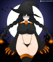 1girls ass big_ass big_breasts black_hair brown_eyes female female_only gigantic_breasts glasses halloween halloween_girl_(zonen404) huge_ass huge_breasts thick_thighs thighhighs thong twintails wide_hips zonen404