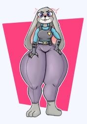 anthro barefoot blue_shirt blush blushing clothing disney female grey_fur judy_hopps nulo pants plain_background police police_officer policewoman purple_eyes rabbit tagme thick thick_thighs vest zootopia zootropolis