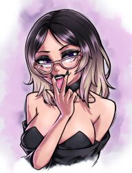 black_top cleavage cunnilingus_gesture goth marinaboo tease tongue_between_fingers tongue_out two_tone_hair virtual_youtuber