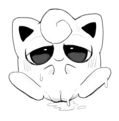 black_and_white blush bodily_fluids cum female genital_fluids genitals hair half-closed_eyes jigglypuff looking_at_viewer narrowed_eyes nintendo plump_labia pokemon pokemon_(species) pokemon_only pussy simple_background smile solo star-rod sweat video_games waddling_head white_background