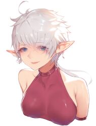 1girls alisaie_leveilleur blue_eyes breasts earrings elezen elf elf_ears elf_female female final_fantasy final_fantasy_xiv light-skinned_female light_skin nipples_visible_through_clothing pointy_ears ponytail topwear white_hair zzp