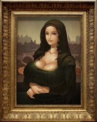 1girls antique balsamique big_breasts breasts brown_eyes busty cleavage female female_only fine_art_parody lips mona_lisa painting parody picture_frame smile smiling