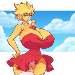 1boy 1girls 2021 alternate_breast_size bart_simpson blonde_hair blue_eyes breasts cleavage color dress exposed_panties female giantess gigantic_breasts huge_breasts incest lisa_simpson looking_at_viewer male n647 nipple_bulge pantyshot size_difference the_simpsons thick_thighs thin_waist voluptuous wide_hips yellow_body yellow_skin