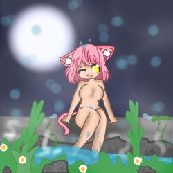 cat_ears cat_tail chibi feet_in_water female foggy girl lime_eyes looking_at_viewer neko neko_girl no_clothes nude nude_female oc own_character pink_hair raining rainy sitting steam steaming stone_wall water