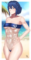 1girls abs alternate_costume alternate_hairstyle arcedo bare_shoulders bare_thighs beach blue_eyes blue_hair blue_swimsuit braid breasts covered_navel female_only fire_emblem fire_emblem_awakening gris_swimsuit looking_at_viewer lucina_(fire_emblem) marth_(fire_emblem_awakening) medium_breasts muscular muscular_female nintendo ocean one-piece_swimsuit revealing_clothes short_hair smile solo strapless_swimsuit swimsuit symbol-shaped_pupils thighs