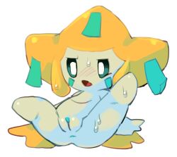 anus blush bodily_fluids female feral genitals green_eyes interspecies jirachi legendary_pokemon nintendo open_mouth plump_labia pokémon_(species) pokemon pokemon_(species) pokemon_only pokephilia pussy solo spread_legs spreading star-rod sweat video_games young