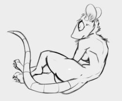 2021 anthro ass breasts feet female fur glistening glistening_butt hi_res lying mammal monochrome murid murine nude rat rodent schmutzo simple_background sketch slim solo toes