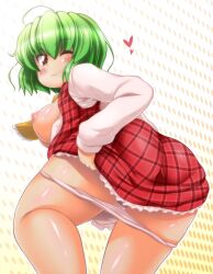 blush brown_eyes dress female green_hair heart large_breasts looking_back panties_down red_dress smile solo sugiura touhou wink yuka_kazami