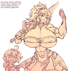 2021 2girls alternate_breast_size big_breasts blush breasts breasts_bigger_than_head cleavage fate_(series) female female_only flexing fujimaru_ritsuka_(female) gigantic_breasts gudako huge_breasts large_breasts looking_at_viewer monochrome mordred_(fate) muscular muscular_female n647 nipple_bulge request sketch sword text thin_waist voluptuous wide_hips yuri