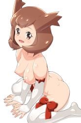 alternate_costume areolae ass bangs bianca_(pokemon_heroes) blush breasts brown_eyes brown_hair collarbone commentary_request elbow_gloves eyelashes female from_side gloves highres kanon_(pokemon) kousaka_jun latias nipples nude open_mouth own_hands_together pokemon pokemon_(anime) pokemon_(classic_anime) pokemon_(species) shiny shiny_skin sitting smile solo thighhighs tongue wariza white_background white_gloves white_legwear