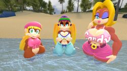 3d 3girls anthro blonde_female breast_grab breasts candy_kong clothing denim_shorts dixie_kong donkey_kong_(series) female hips huge_breasts large_breasts looking_at_viewer monkey monkey_girl multiple_girls nintendo nude nude_female open_mouth open_smile pink_shorts pussy rareware shorts smile source_filmmaker thick_thighs thighs tiny_kong wide_hips