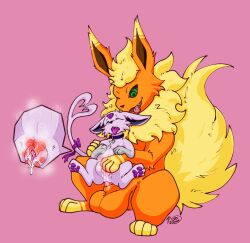 anal anal_knotting balls big_balls branded branding duo eeveelution espeon female feral flareon genitals hi_res knotting kurefucky male male/female nintendo pokémon_(species) pokemon pokemon_only ringed_eyes size_difference video_games vovo