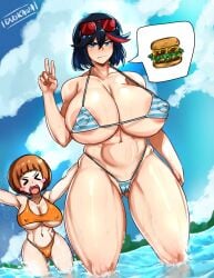 >_< 2girls alternate_version_available areola areola_slip areolae bare_shoulders beach big_breasts bikini blue_eyes blush breasts brown_hair burger cameltoe cleavage duo_kawa female female_only g- g-string glasses glasses_on_head huge_breasts kill_la_kill large_breasts looking_at_viewer mankanshoku_mako matoi_ryuuko micro_bikini multiple_girls navel nipple_bulge open_mouth open_smile short_hair smile string_only sunglasses sunglasses_on_head thick_thighs thighs thought_bubbles thunder_thighs v_sign venus_body voluptuous water wide_hips