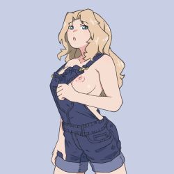 areolae blonde_hair blue_background breasts denim english_commentary female girls_und_panzer green_eyes hand_on_own_thigh highres huaro huaronanago kay_(girls_und_panzer) looking_at_viewer medium_breasts nipples no_bra no_shirt open_mouth self_exposure solo strap_gap suspenders_pull