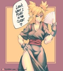 1girls alternate_costume aroodnoodle bare_legs blonde_hair boruto:_naruto_next_generations bottomless breasts cleavage fan female female_only fingerless_gloves folding_fan gloves grin holding_object kimono long_hair mature mature_female milf naruto naruto_(series) no_bra no_panties noodlenood quad_tails smile solo solo_focus speech_bubble talking talking_to_viewer temari text tied_hair