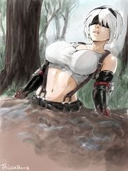 1girls big_breasts blindfold breasts cosplay crossover_cosplay female female_focus female_only final_fantasy final_fantasy_vii forest large_breasts mud nier:_automata quicksand short_hair sinking square_enix thiccabang tifa_lockhart tifa_lockhart_(cosplay) white_hair yorha_2b