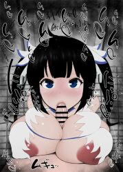 1boy 1girls :>= between_breasts big_breasts black_hair blowjob blue_eyes censored color color_edit colored dungeon_ni_deai_wo_motomeru_no_wa_machigatteiru_darou_ka eye_contact fellatio female fringe grimtale hestia_(danmachi) huge_breasts kneeling kurotama light-skinned_male long_hair looking_at_viewer oral paizuri paizuri_fellatio pov saliva saliva_trail squatting teenager third-party_edit toilet twintails