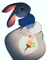 2022 4_fingers anthro anus blush bottomless breasts carrot clothed clothed_masturbation clothing disney female fingers food genitals judy_hopps lagomorph leporid looking_at_viewer mammal masturbation nipple_outline plant pussy rabbit solo svarzye topwear vegetable zootopia zootropolis