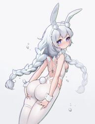 +_+ absurdres animal_ears ass ass_support azur_lane back bare_shoulders blue_eyes blush braid breasts closed_mouth eyebrows_visible_through_hair fake_animal_ears fake_tail female from_behind hairband highres le_malin_(azur_lane) le_malin_(listless_lapin)_(azur_lane) leotard long_hair looking_at_viewer looking_back nose_blush official_alternate_costume pantyhose playboy_bunny rabbit_ears rabbit_tail sideboob silver_hair simple_background small_breasts solo sosai_salada standing tail thigh_strap twin_braids v-shaped_eyebrows very_long_hair water_drop white_background white_hairband white_legwear white_leotard wrist_cuffs