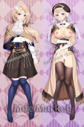 1girls ass_visible_through_thighs bangs bare_midriff bare_thighs blonde_hair blue_eyes blue_hair breasts breasts_out censored dakimakura dakimakura_design dress earrings female female_only fire_emblem fire_emblem:_three_houses garreg_mach_monastery_uniform hair_over_shoulder hat inner_thighs long_hair looking_at_viewer medium_breasts mercedes_von_martritz midriff moe_market more_at_source nintendo nipples no_shoes on_back pantyhose post-timeskip pre-timeskip short_hair side_ponytail smile solo stockings thighhighs thighs veil