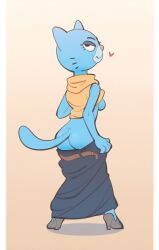 2018 anthro ass bedroom_eyes breasts cartoon_network clothing domestic_cat feline feline female half-closed_eyes heart junyois looking_at_viewer looking_back mammal mary_senicourt mature_female rear_view seductive side_boob simple_background smile solo standing the_amazing_world_of_gumball undressing whiskers white_background