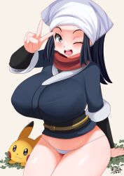 1girls 2022 akari_(pokemon) alternate_breast_size artist_logo artist_signature blue_eyes blue_hair blush breasts clothed clothed_female female female_only headscarf huge_breasts human long_hair long_ponytail looking_at_viewer nintendo one_eye_closed panties peace_sign pikachu png pokémon_(species) pokemon pokemon_legends:_arceus ponytail red_scarf scarf simple_background smile thick_thighs thighs tiger1001 tight_clothing tight_fit white_background white_panties wink