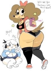 2girls :3 ass ass_focus ass_up big_ass big_breasts big_butt black_fur blush booty_shorts bottom_heavy bow bra breasts canid canine canis choker clothed clothing crop_top crouching derp_eyes dialogue dog dog_ears dog_tail duo english_text female female_focus female_only fur furry furry_only hair hair_ribbon hi_res holding holding_object holding_phone hoodie huge_ass huge_hips huge_thighs jacket lifted_by_self one_eye_obstructed open_jacket open_mouth peace_sign peanut_butter_(puppychan) pepper_(puppychan) phone puppychan selfie shirt_lift shorts simple_background sports_bra standing tail tan_fur text thick_thighs v_sign white_background white_fur white_hair wide_hips