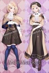 1girls bangs blonde_hair blue_eyes breasts dakimakura dress earrings female_only fire_emblem fire_emblem:_three_houses garreg_mach_monastery_uniform hair_over_shoulder hat long_hair looking_at_viewer medium_breasts mercedes_von_martritz moe_market nintendo no_shoes on_back pantyhose post-timeskip pre-timeskip short_hair side_ponytail smile solo stockings thighhighs veil