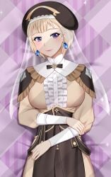 1girls bangs blonde_hair blue_eyes breasts dakimakura dress earrings female_only fire_emblem fire_emblem:_three_houses hat looking_at_viewer medium_breasts mercedes_von_martritz moe_market nintendo on_back post-timeskip short_hair smile solo veil