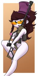 2021 breasts brown_hair crossover earrings glasses hat hugging_object jaiden jaiden_animations jaidenanimations looking_at_viewer nipples nude nude_female ponytail pose sniper_(team_fortress_2) sniper_rifle syscod team_fortress_2 thighs vest weapon youtube youtuber