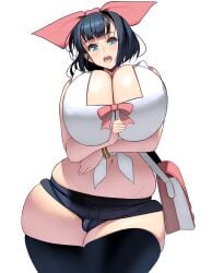 big_breasts black_hair black_legwear black_thighhighs blue_eyes breasts cameltoe cleavage cleavage_cutout female female_only hairbow huge_breasts looking_at_viewer masao open_mouth original plump short_hair short_shorts solo thick_thighs thighhighs thunder_thighs tied_shirt voluptuous wide_hips