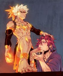 2boys armwear barefoot blonde_hair bodily_fluids clothing cum dripping_cum eijirou_kirishima gay genital_fluids genitals hair_grab head_grab jewelry katsuki_bakugou male male/male male_only my_hero_academia necklace nipple_piercing penis penis_in_mouth pierced_nipples piercing red_hair spiky_hair syblatortue yaoi