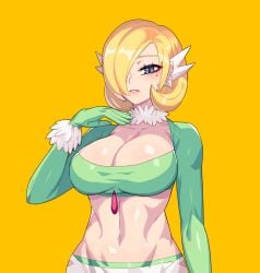 1girls alternate_breast_size belly belly_button big_breasts blonde_hair breasts clothed clothes clothing cosplay cynthia_(pokemon) drunkoak female female_only fur_choker fur_collar game_freak gardevoir_(cosplay) grey_eyes hair hair_over_one_eye human human_only humanoid large_breasts looking_at_viewer midriff mole mole_under_eye navel nintendo pokemon pokemon_(cosplay) seductive seductive_eyes seductive_look short_hair simple_background solo solo_female voluptuous yellow_background