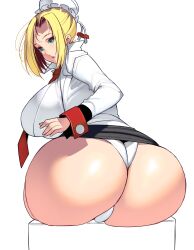 ass_focus big_ass big_breasts blonde_hair blue_eyes female female_only hair_bun huge_ass long_sleeves looking_at_viewer looking_back masao necktie original panties pencil_skirt skirt_up solo thong_panties wedgie white_panties wide_hips