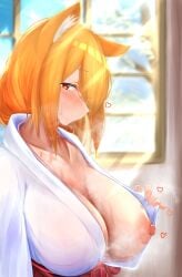 1girls animal_ear_fluff animal_ears blue_sky breasts breasts_bigger_than_head breasts_out closed_mouth collarbone commentary_request curvy_milf day female female_only fox_ears fox_girl from_side hair_over_one_eye hakama heart highres huge_breasts humanoid japanese_clothes kimono light-skinned_female light_skin long_bangs long_hair looking_at_viewer miko nipples no_bra one_breast_out open_clothes open_kimono original profile red_hakama sky solo solo_female steaming_body sunlight sweat togutogu tree white_kimono window