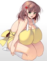 apron big_breasts brown_hair female female_only full_body green_eyes hairclip huge_breasts looking_at_viewer masao massive_breasts medium_hair naked_apron open_mouth original sitting smile socks solo